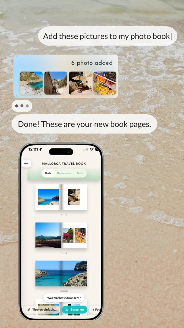 Der klikkie Fotobuch-Agent fügt Mallorca-Urlaubsfotos zu einem Reisefotobuch hinzu