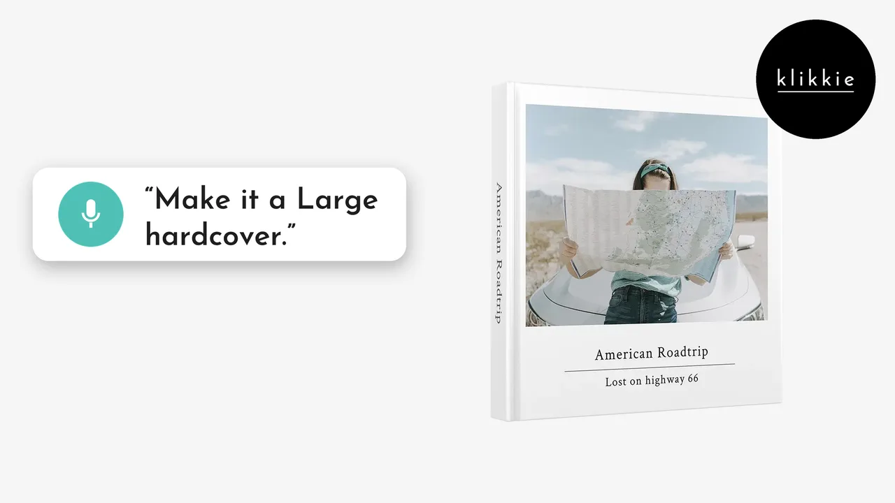 Ein klikkie-Fotobuch als Hardcover, ein Ratgeber zu Fotobuch-Bindungen, mit einer Sprechblase: mach ein Large-Hardcover daraus
