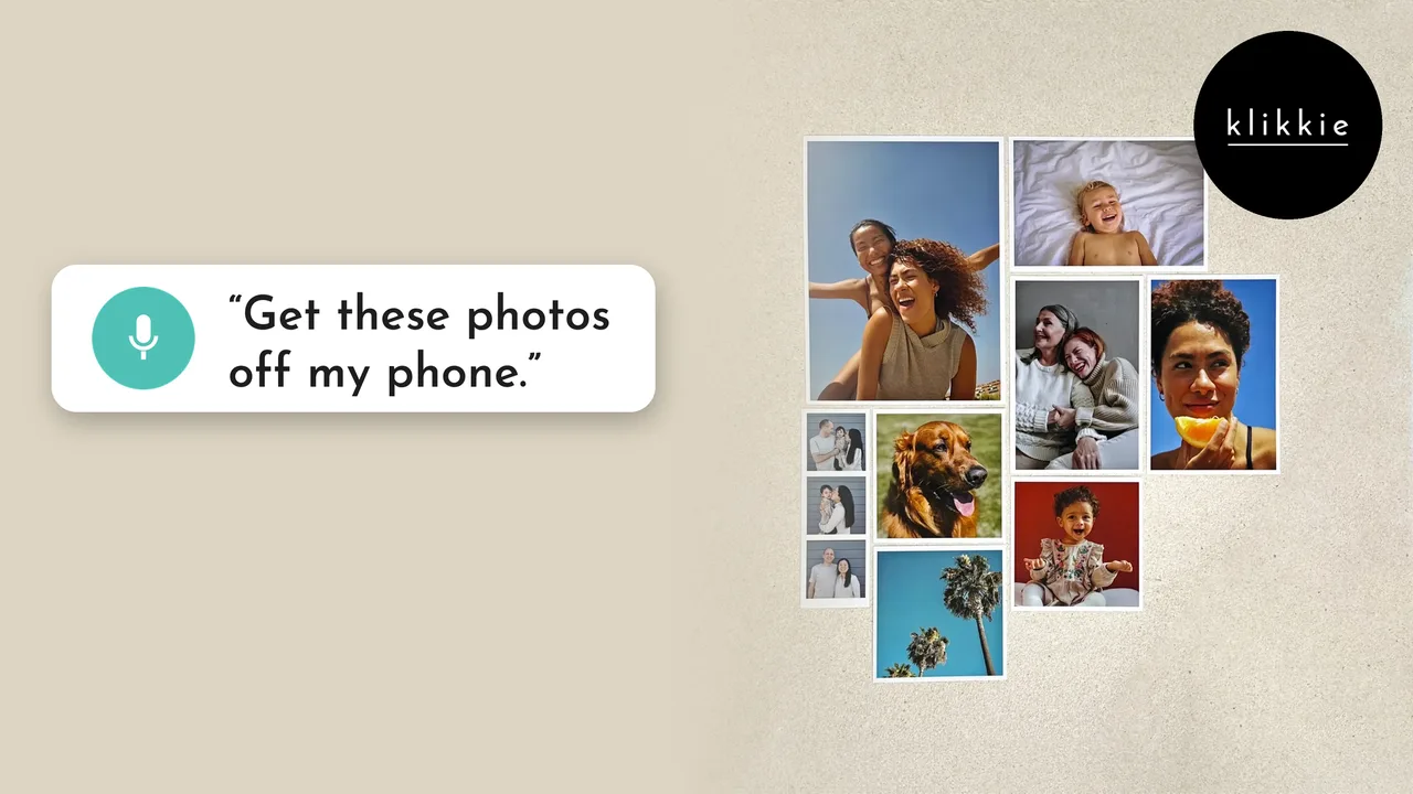 Gedruckte Handyfotos mit weißem Rand auf einem Tisch, mit einer Sprechblase: hol diese Fotos von meinem Handy