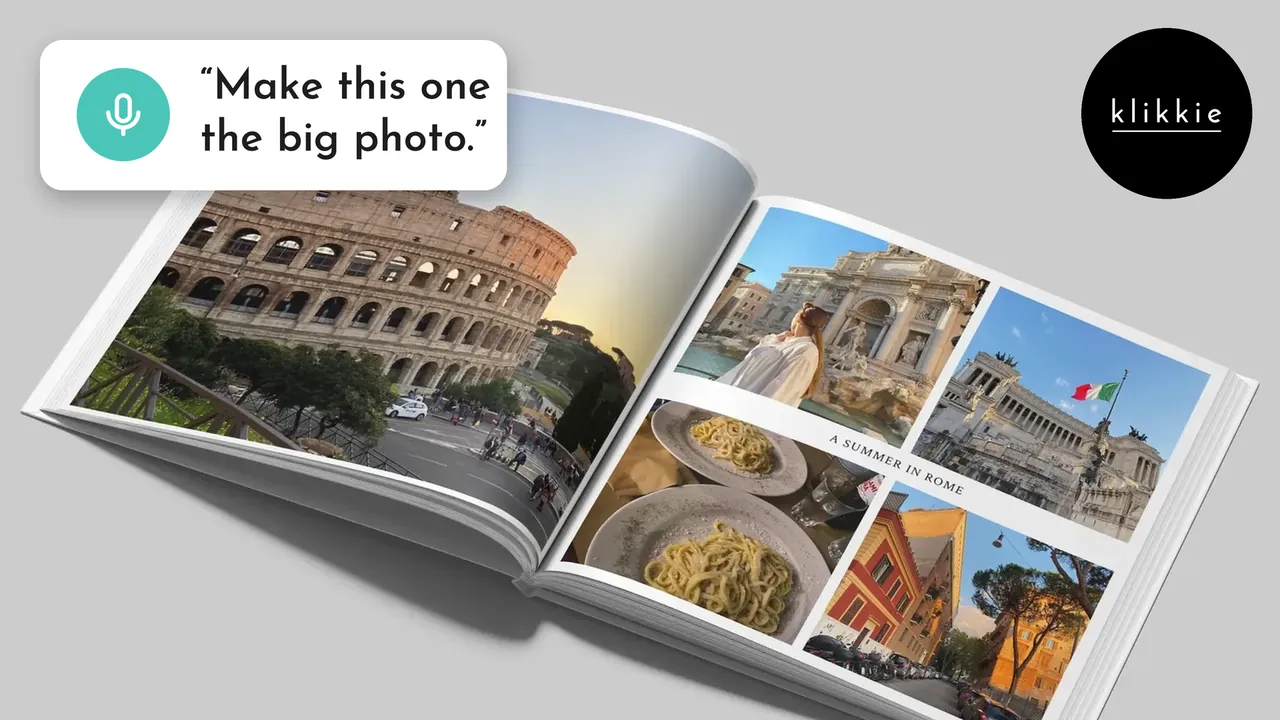 Ein aufgeschlagenes klikkie Fotobuch mit Fotos aus Rom, mit dem Text „Make this one the big photo.“